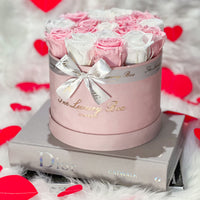 pink and white eternity roses in velvet pink box valentine's day gift
