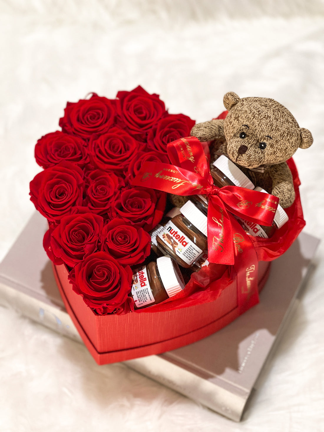 Preserved eternity roses and nutella gift set in heart shaped box