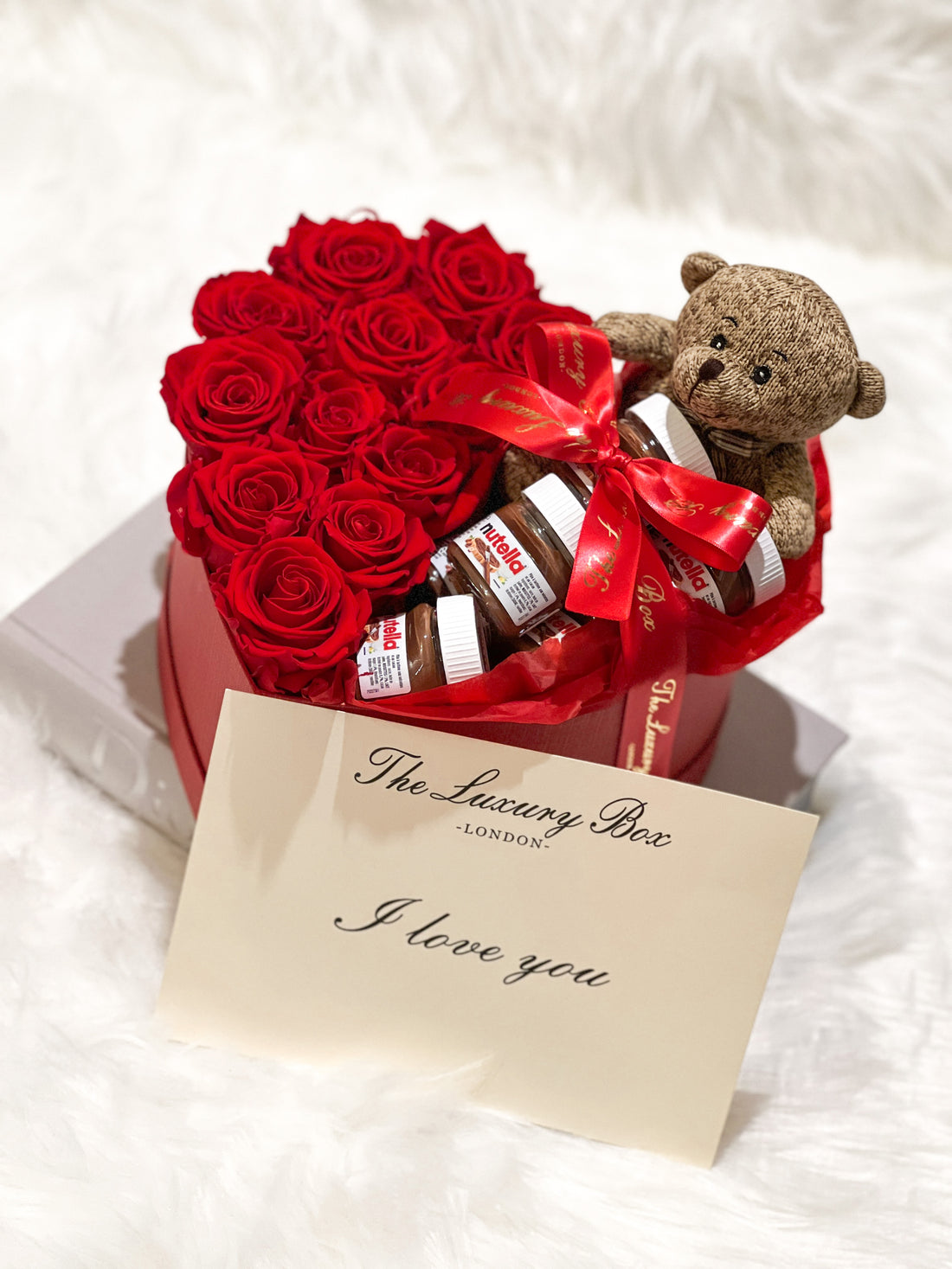 Preserved eternity roses and nutella gift set in heart shaped box with teddy bear and i love you card