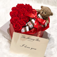 Preserved eternity roses and nutella gift set in heart shaped box with teddy bear and i love you card