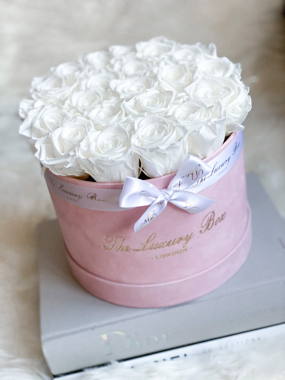 white eternity roses in pink velvet box gift for women