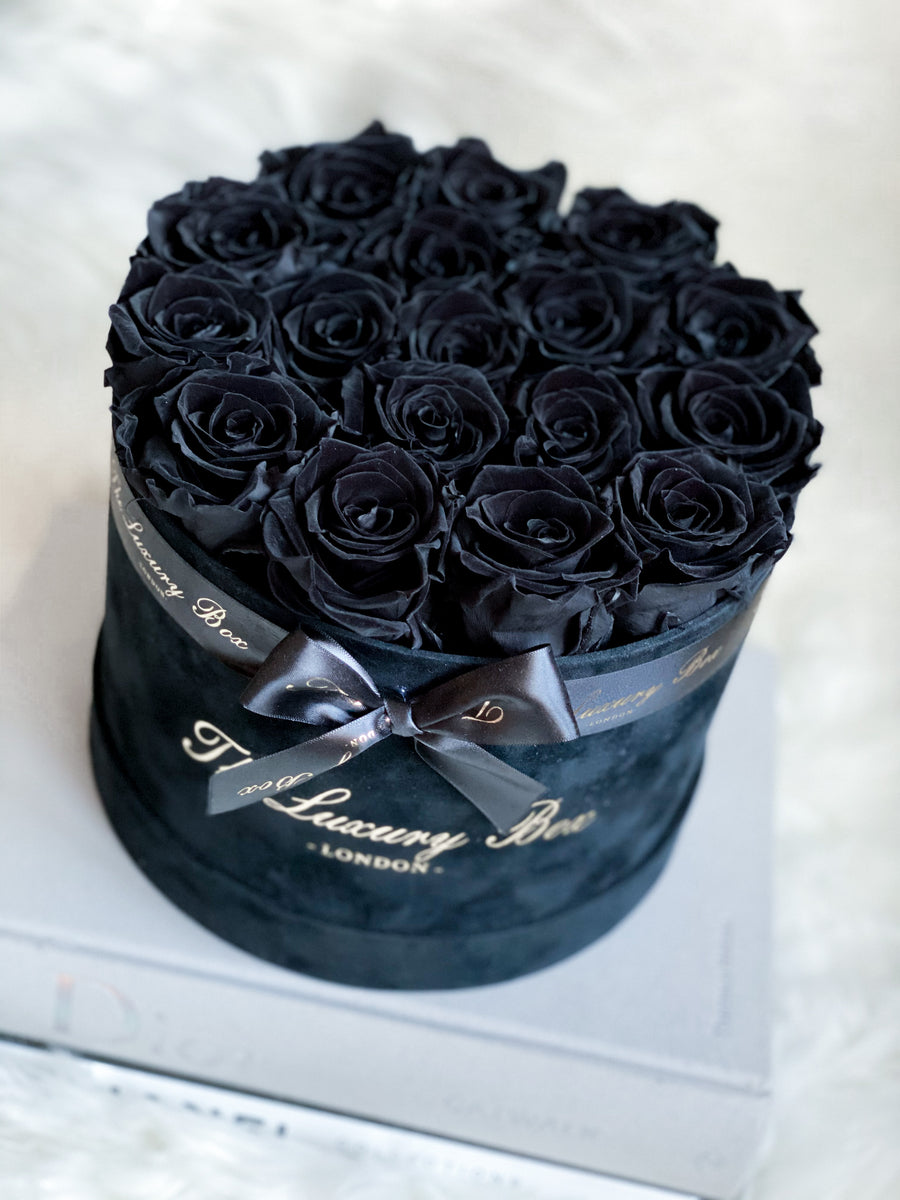 black eternity roses in black box home decor