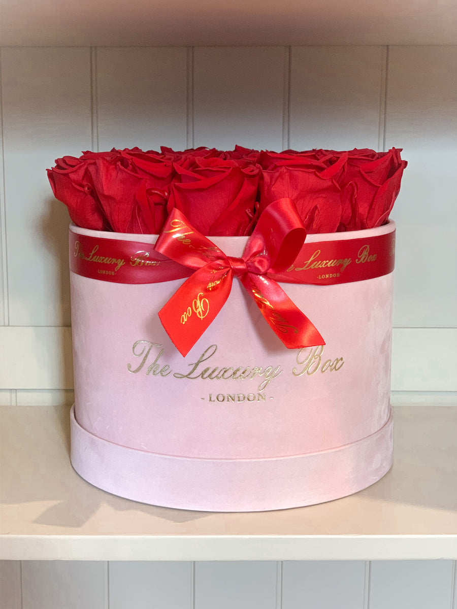 red eternity roses in pink velvet box gift for girls