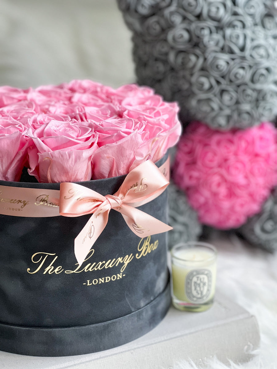 Grey & Pink Rose Bear & Eternity Rose Box Set | Floral Gift Set Idea for Her- Delivered