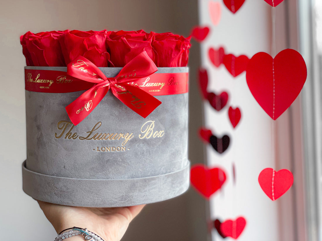 valentine's day preserved eternity red roses in velvet grey box