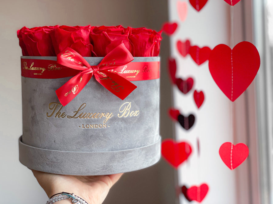 valentine's day preserved eternity red roses in velvet grey box