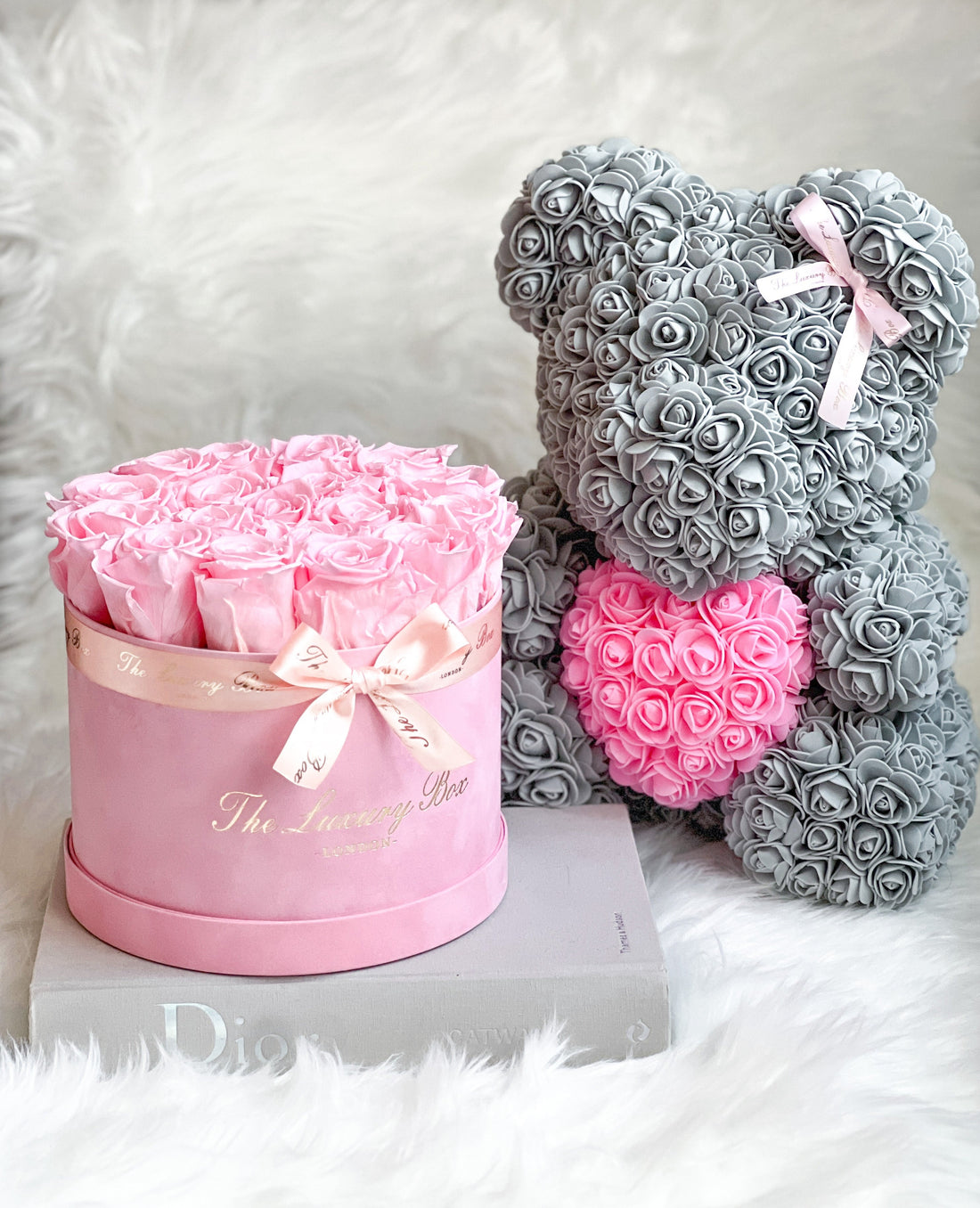 Grey Pink Rose Bear Eternity Rose Box Set Floral Gift Set