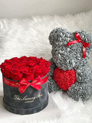 Grey and red Rose bear and Eternity roses in a box set luxury gift for birthdays, wedding anniversary, new baby gift and special occasions