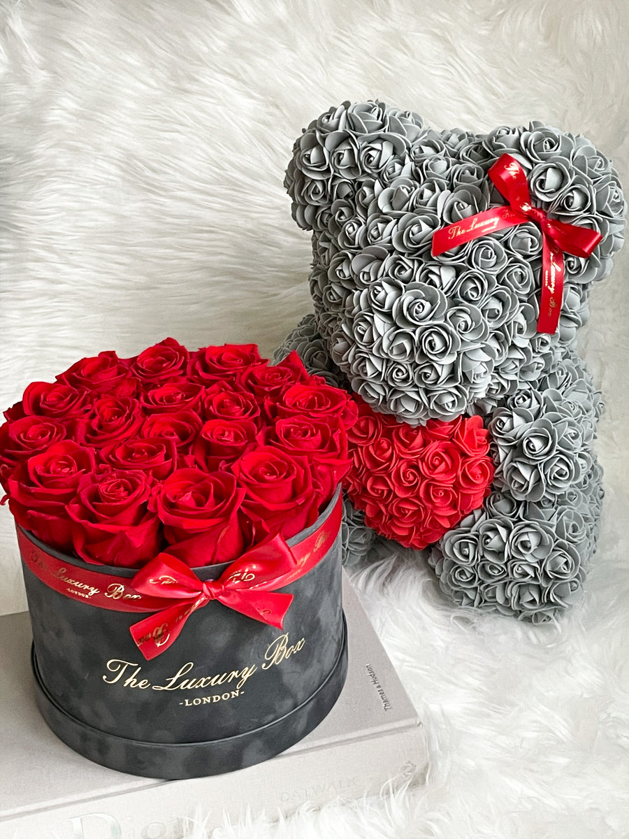 Grey and red Rose bear and Eternity roses in a box set luxury gift for birthdays, wedding anniversary, new baby gift and special occasions