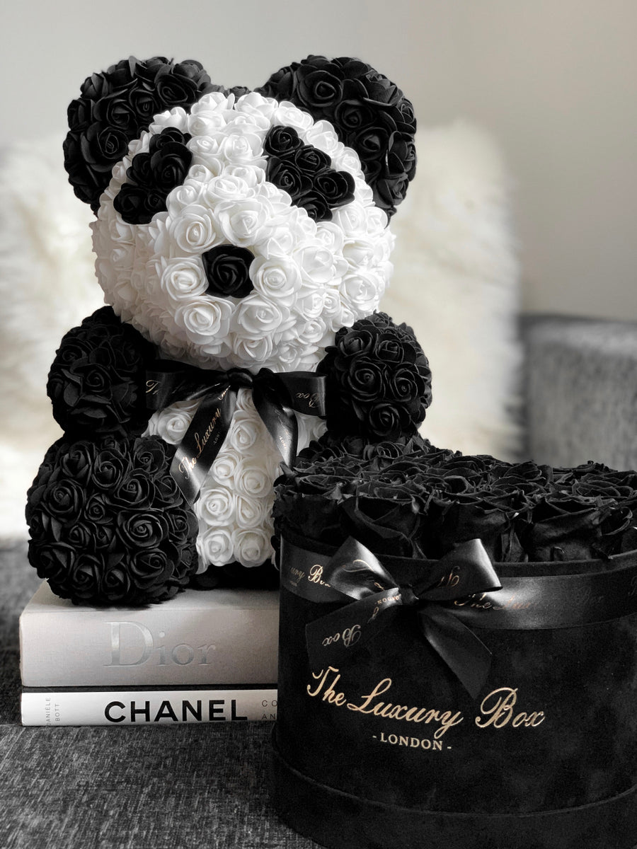 black eternity roses in black box with panda rose bear