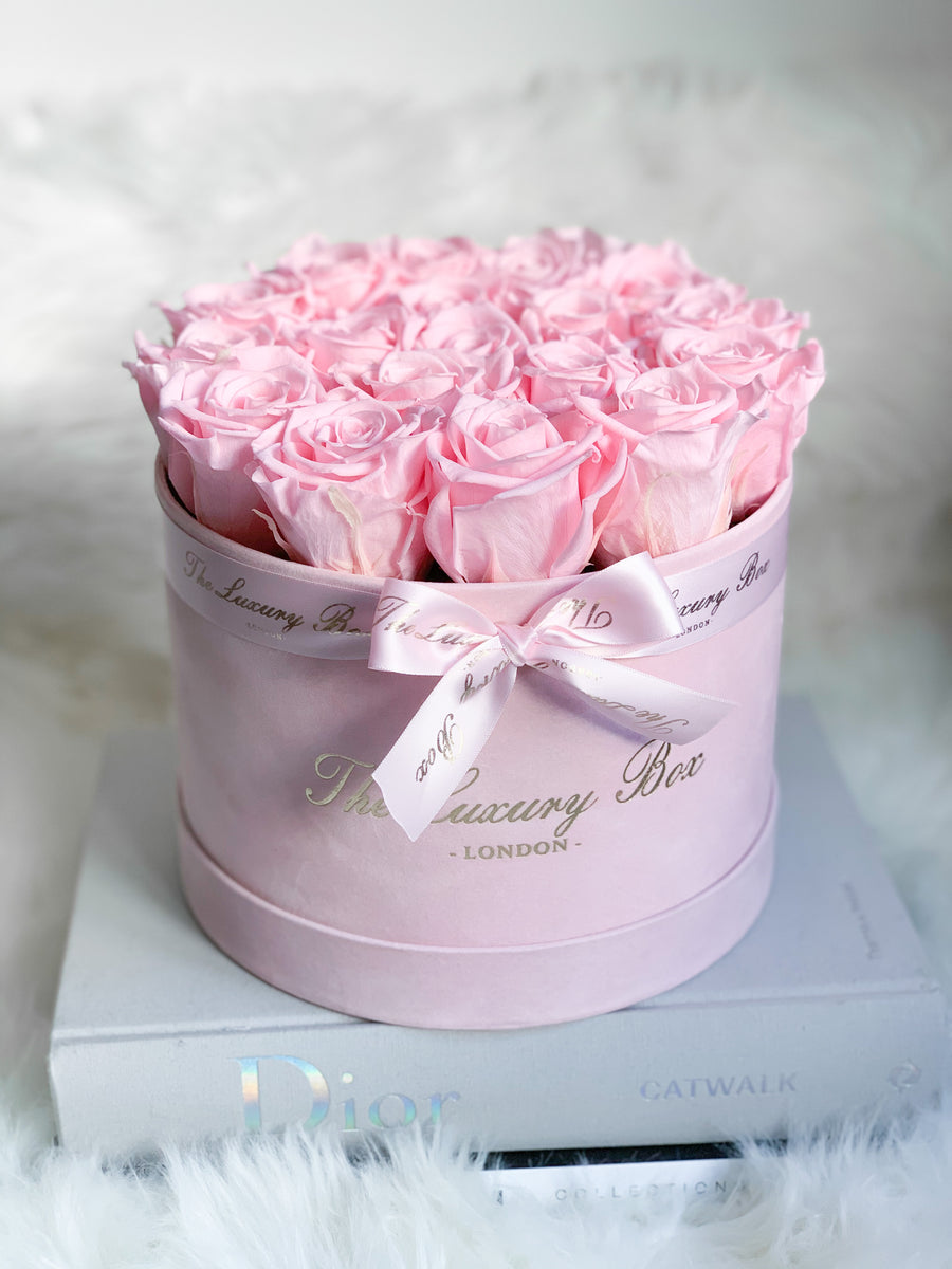 pink eternity roses in pink velvet box gift for baby girl