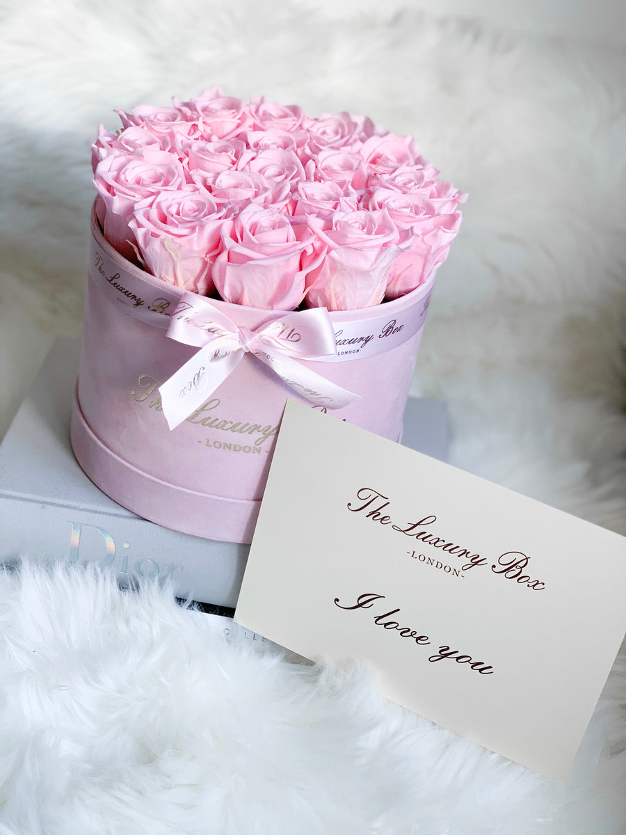 pink eternity preserved roses in pink velvet box gift for her